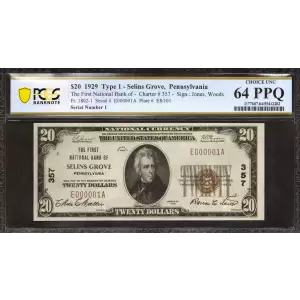 $20 1929 small brown seal. Small National Bank Notes 1802-1