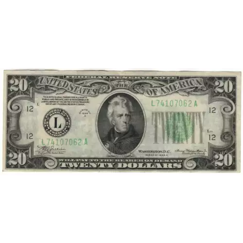 $20 1934-A. blue-Green seal. Small Size $20 Federal Reserve Notes 2055-A