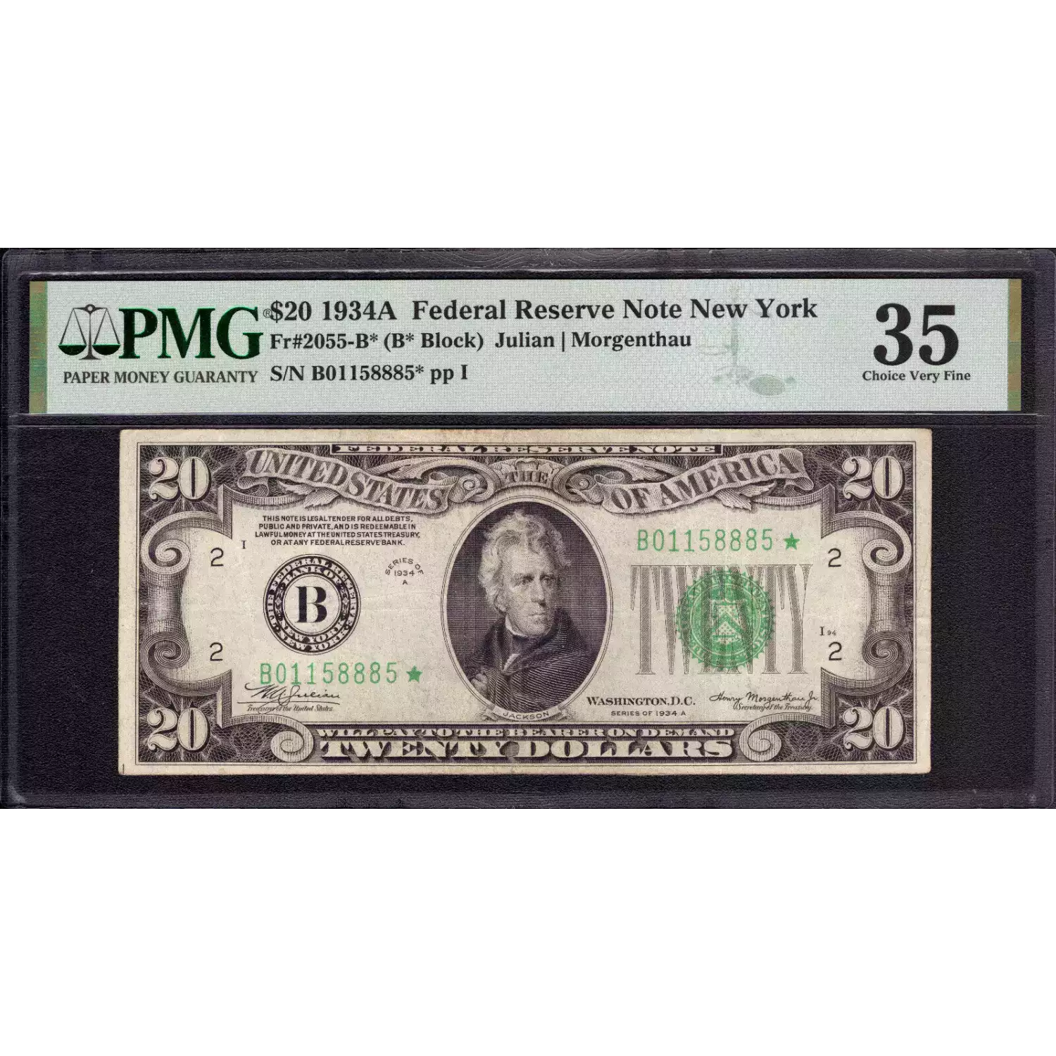 $20 1934-A. blue-Green seal. Small Size $20 Federal Reserve Notes 2055-B*