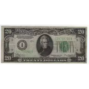 $20 1934-A. blue-Green seal. Small Size $20 Federal Reserve Notes 2055-I