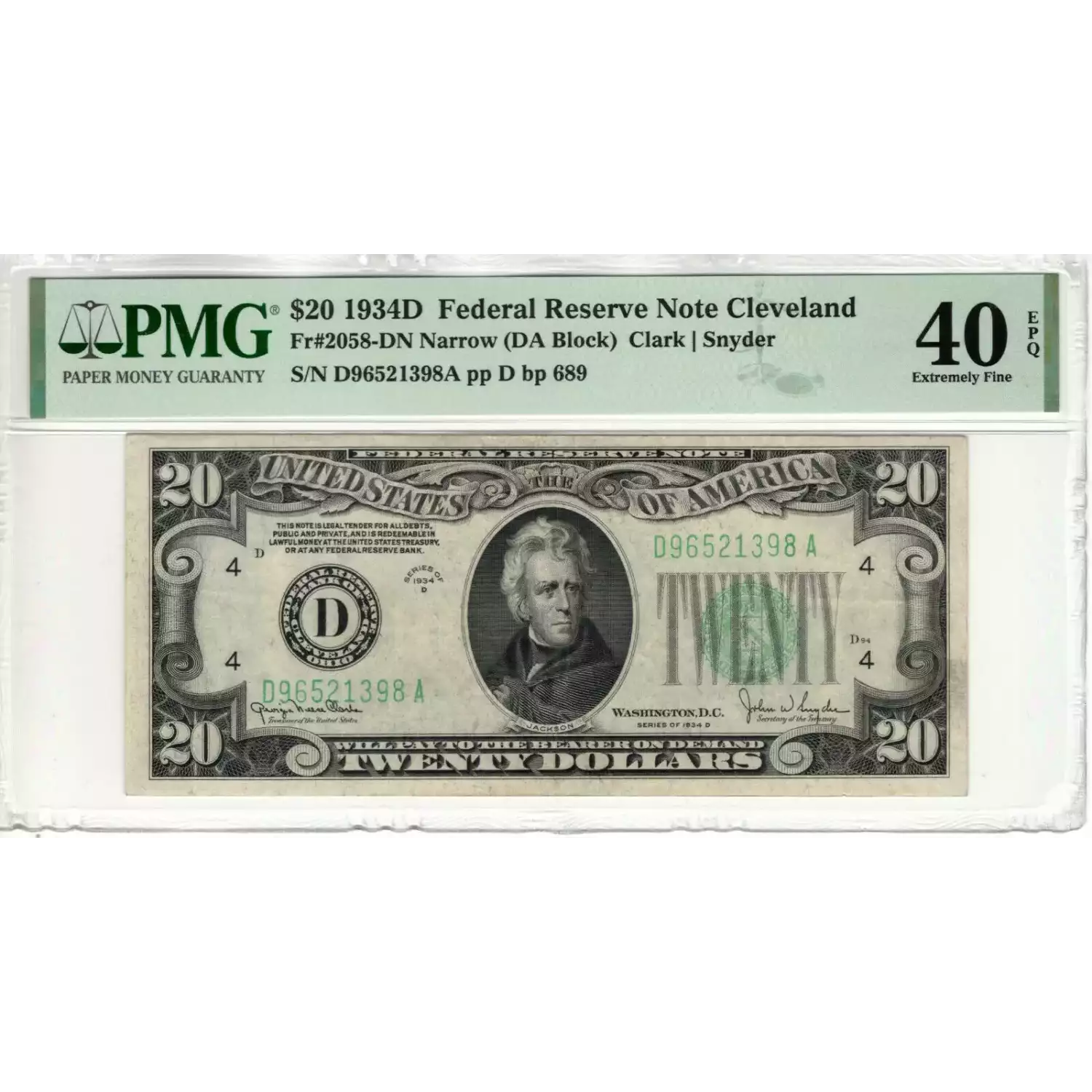 $20 1934-D. blue-Green seal. Small Size $20 Federal Reserve Notes 2058-D