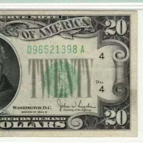 $20 1934-D. blue-Green seal. Small Size $20 Federal Reserve Notes 2058-D (3)
