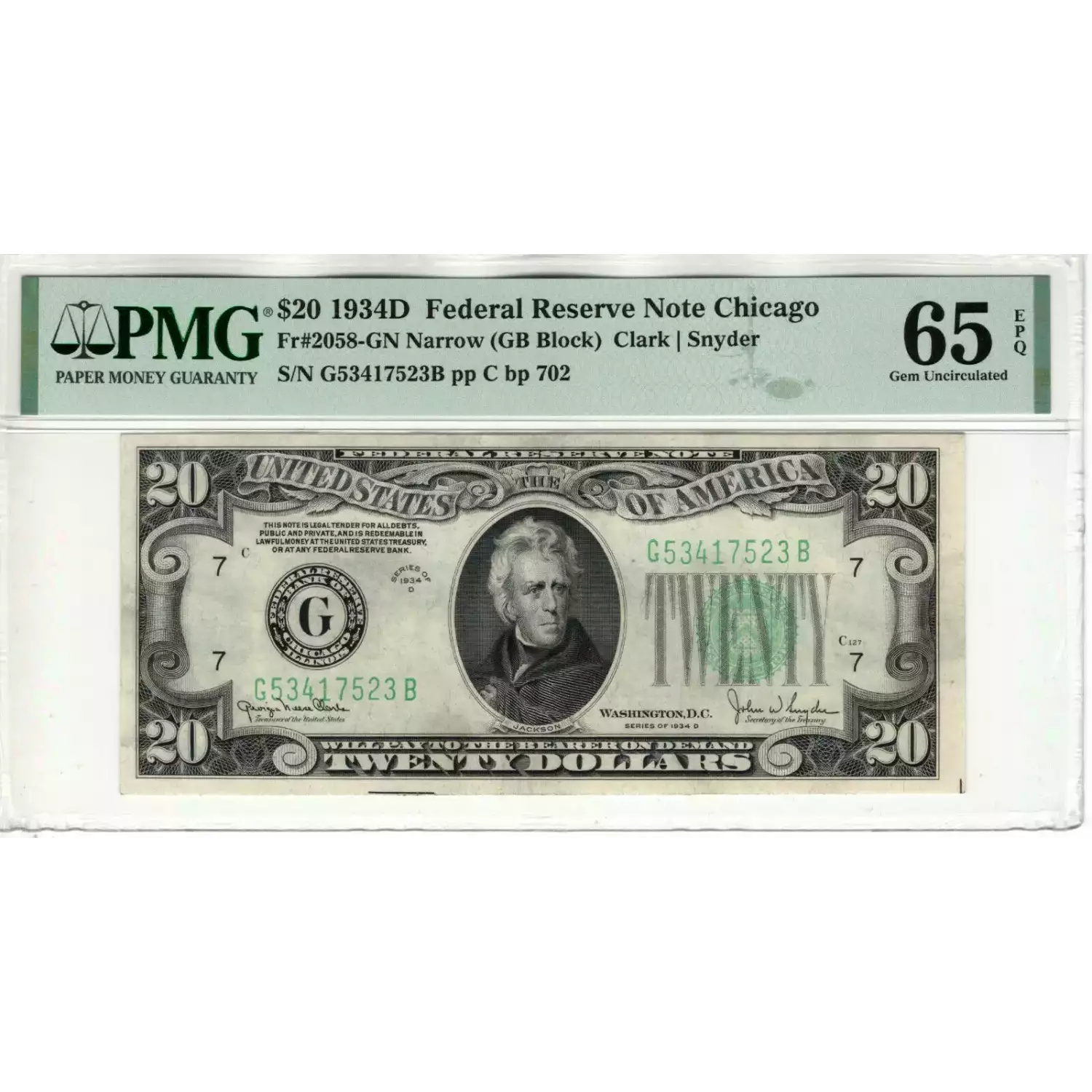 $20 1934-D. blue-Green seal. Small Size $20 Federal Reserve Notes 2058-G