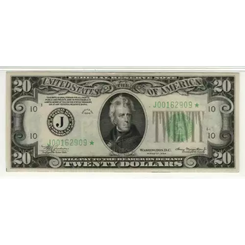 $20 1934 light Green seal. Small Size $20 Federal Reserve Notes 2054-J* (3)