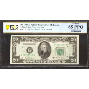 $20 1950-A. blue-Green seal. Small Size $20 Federal Reserve Notes 2060-E