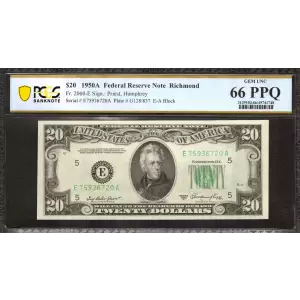 $20 1950-A. blue-Green seal. Small Size $20 Federal Reserve Notes 2060-E