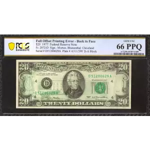 $20 1977 blue-Green seal. Small Size $20 Federal Reserve Notes 2072-D