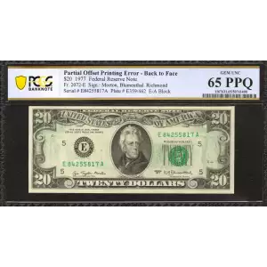 $20 1977 blue-Green seal. Small Size $20 Federal Reserve Notes 2072-E