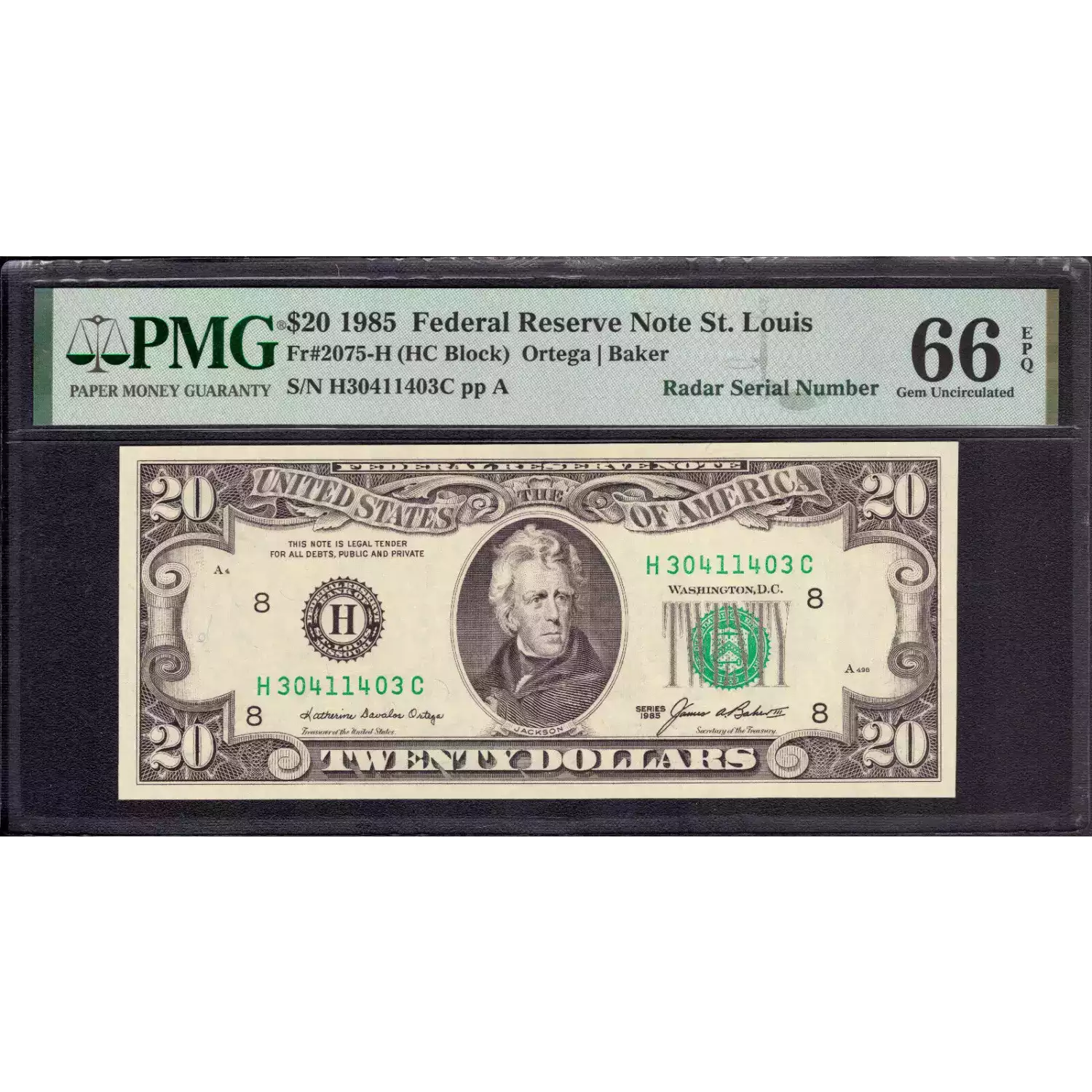 $20 1985 blue-Green seal. Small Size $20 Federal Reserve Notes 2075-H