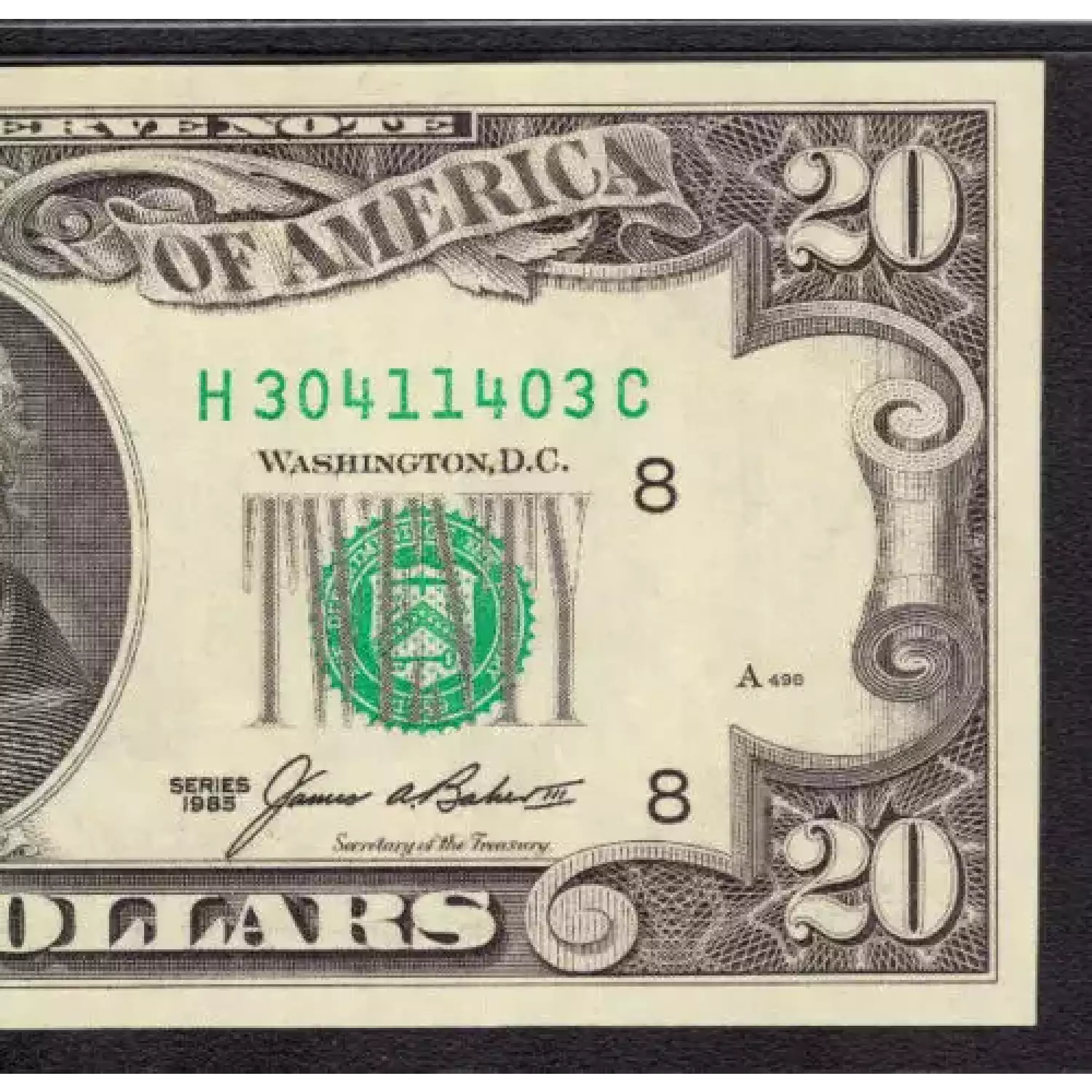$20 1985 blue-Green seal. Small Size $20 Federal Reserve Notes 2075-H (3)