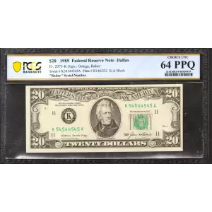 $20 1985 blue-Green seal. Small Size $20 Federal Reserve Notes 2075-K