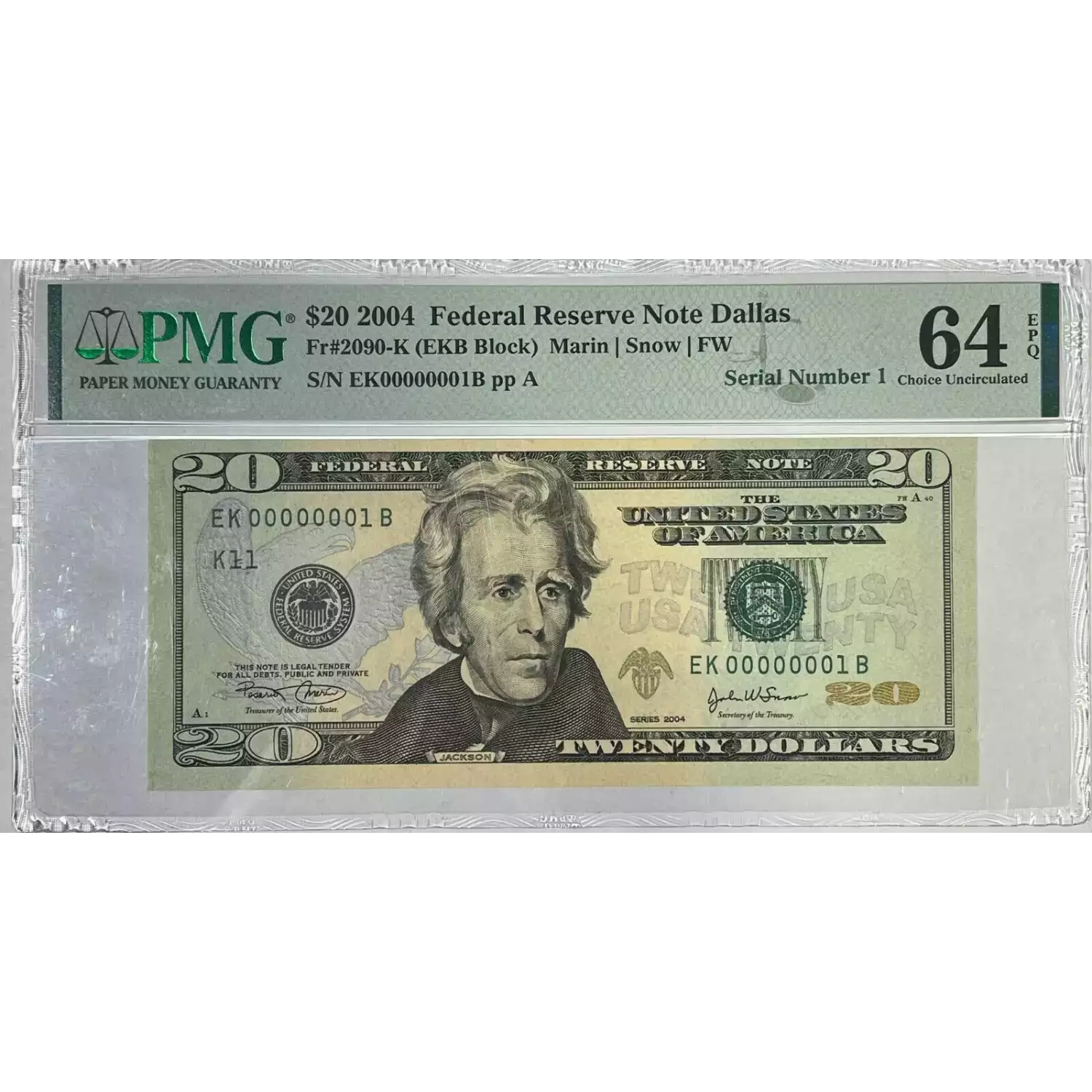 $20 2004 blue-Green seal. Small Size $20 Federal Reserve Notes 2090-K