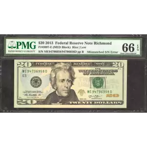 $20 2013 blue-Green seal. Small Size $20 Federal Reserve Notes 2097-E