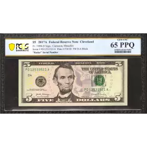 2017 A $5 FEDERAL RESERVE NOTE CLEVELAND DA BLOCK 