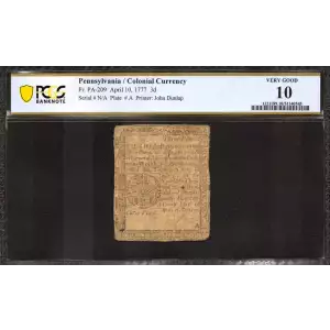 3d April 10, 1777  COLONIAL CURRENCY PA-209
