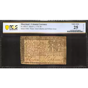 $4 (18s) March 1, 1770 COLONIAL CURRENCY MD-57