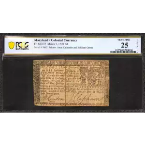 $4 (18s) March 1, 1770  COLONIAL CURRENCY MD-57