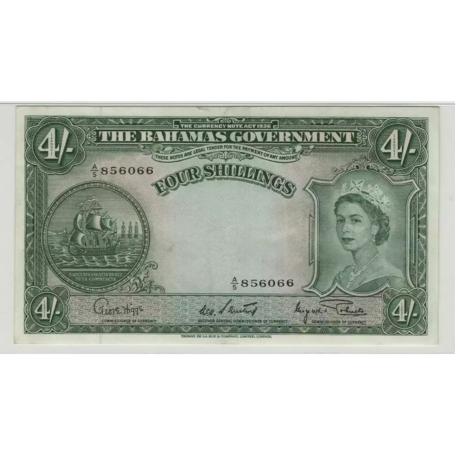 4 Shillings ND (1953), 1953 Issue a. Center signature H. R. Latreille, Basil Burnside at right Bahamas 13 (3)