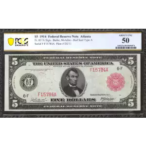 $5 1914 Red Seal Federal Reserve Notes 837A