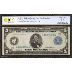 $5 1914 Red Seal Federal Reserve Notes 889