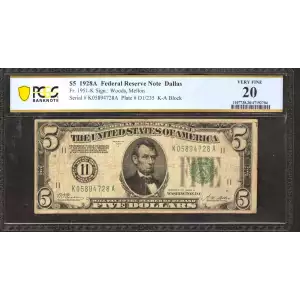 $5 1928-A. Green seal Small Size $5 Federal Reserve Notes 1951-K