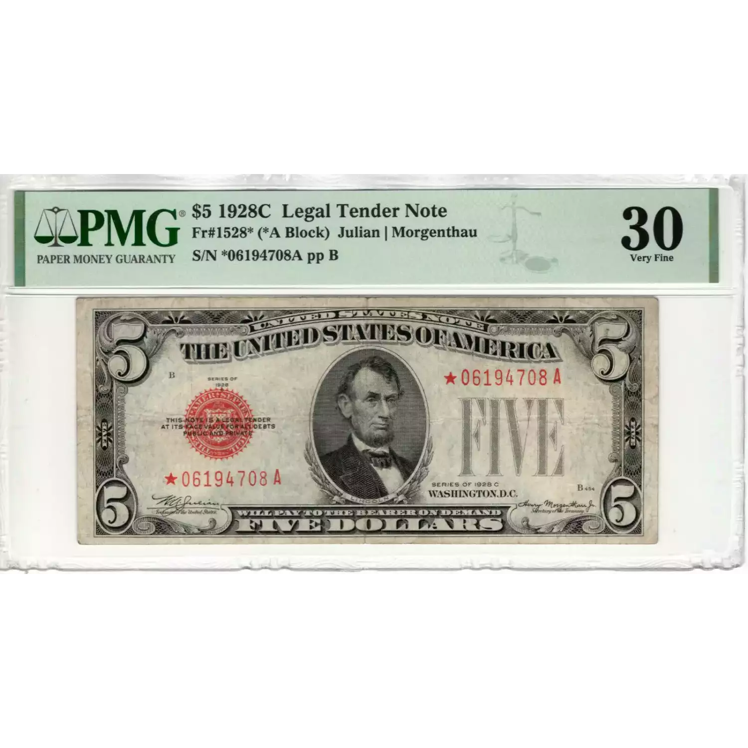 $5 1928-C red seal. Small Legal Tender Notes 1528*