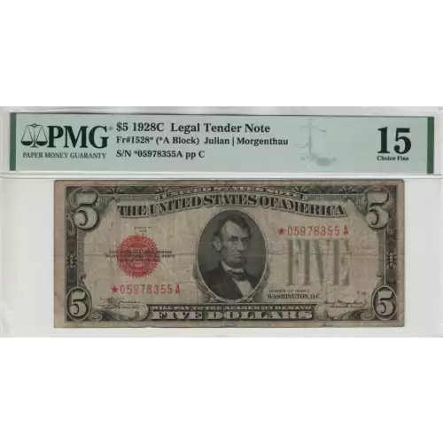 $5 1928-C red seal. Small Legal Tender Notes 1528*