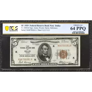 $5 1929 brown seal Small Federal Reserve Bank Notes 1850-K