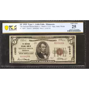 $5 1929 Small brown seal Small National Bank Notes 1800-1