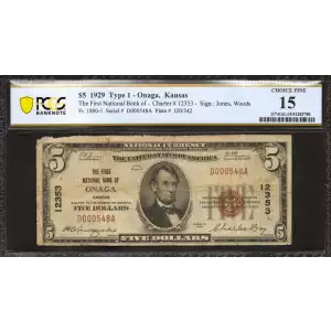 $5 1929 Small brown seal Small National Bank Notes 1800-1