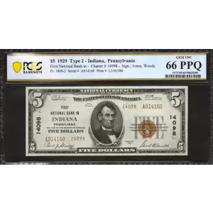 $5 1929 small brown seal. Small National Bank Notes 1800-2