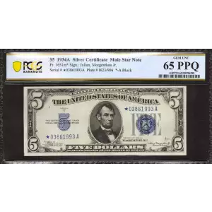 $5 1934-A blue seal. Small Silver Certificates 1651m*