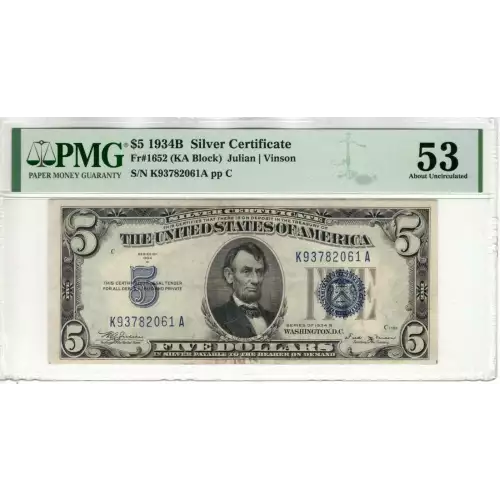 $5 1934-B blue seal. Small Silver Certificates 1652