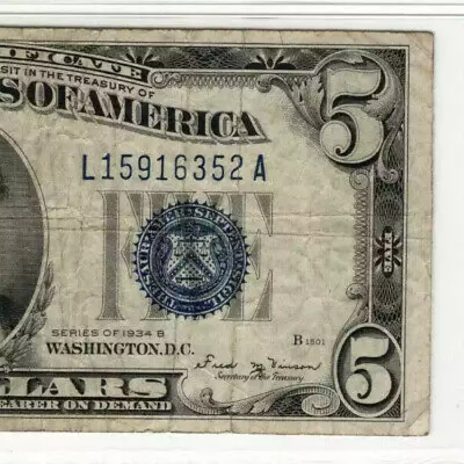 $5 1934-B blue seal. Small Silver Certificates 1652m (3)