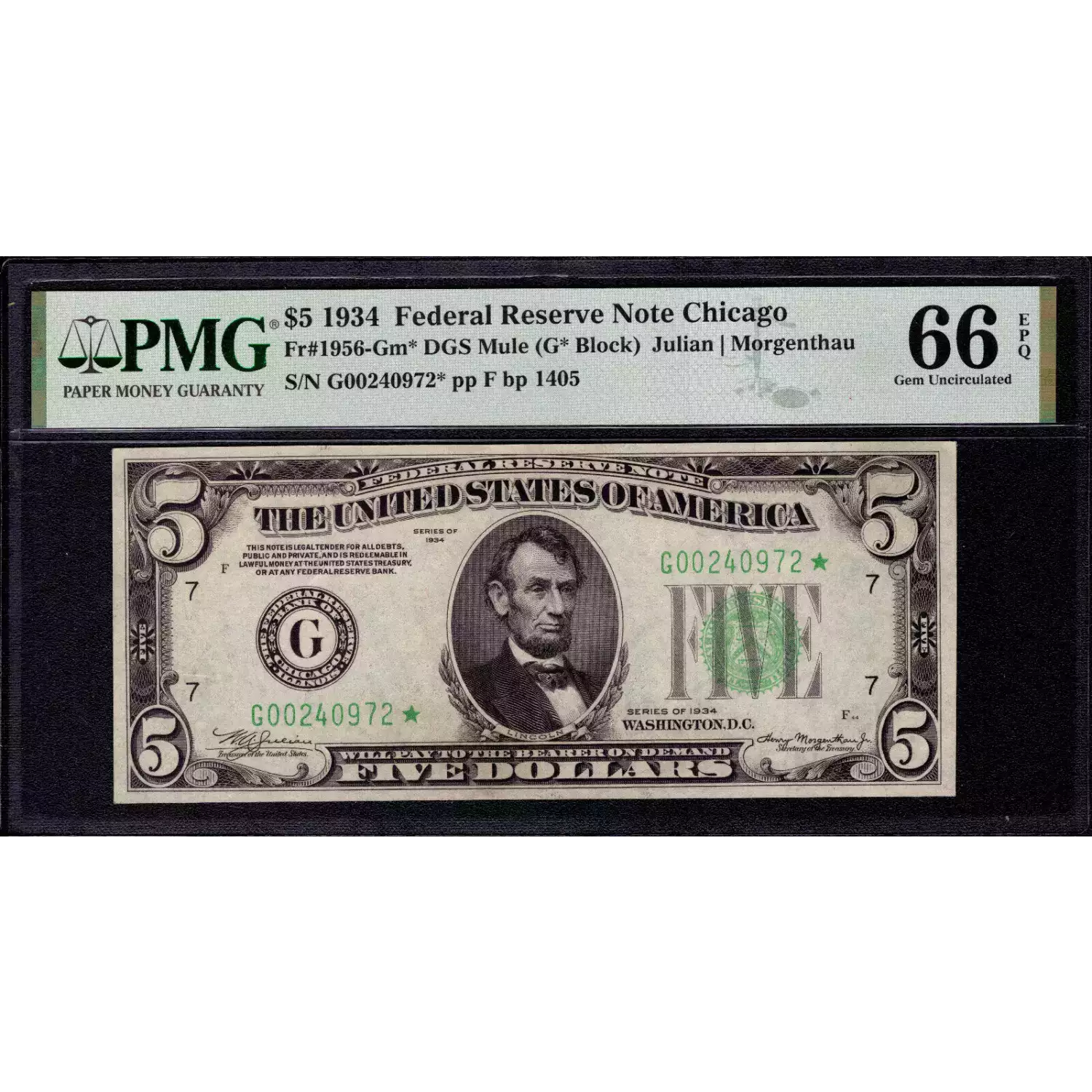 $5 1934 blue-Green seal. Small Size $5 Federal Reserve Notes 1956-Gm*