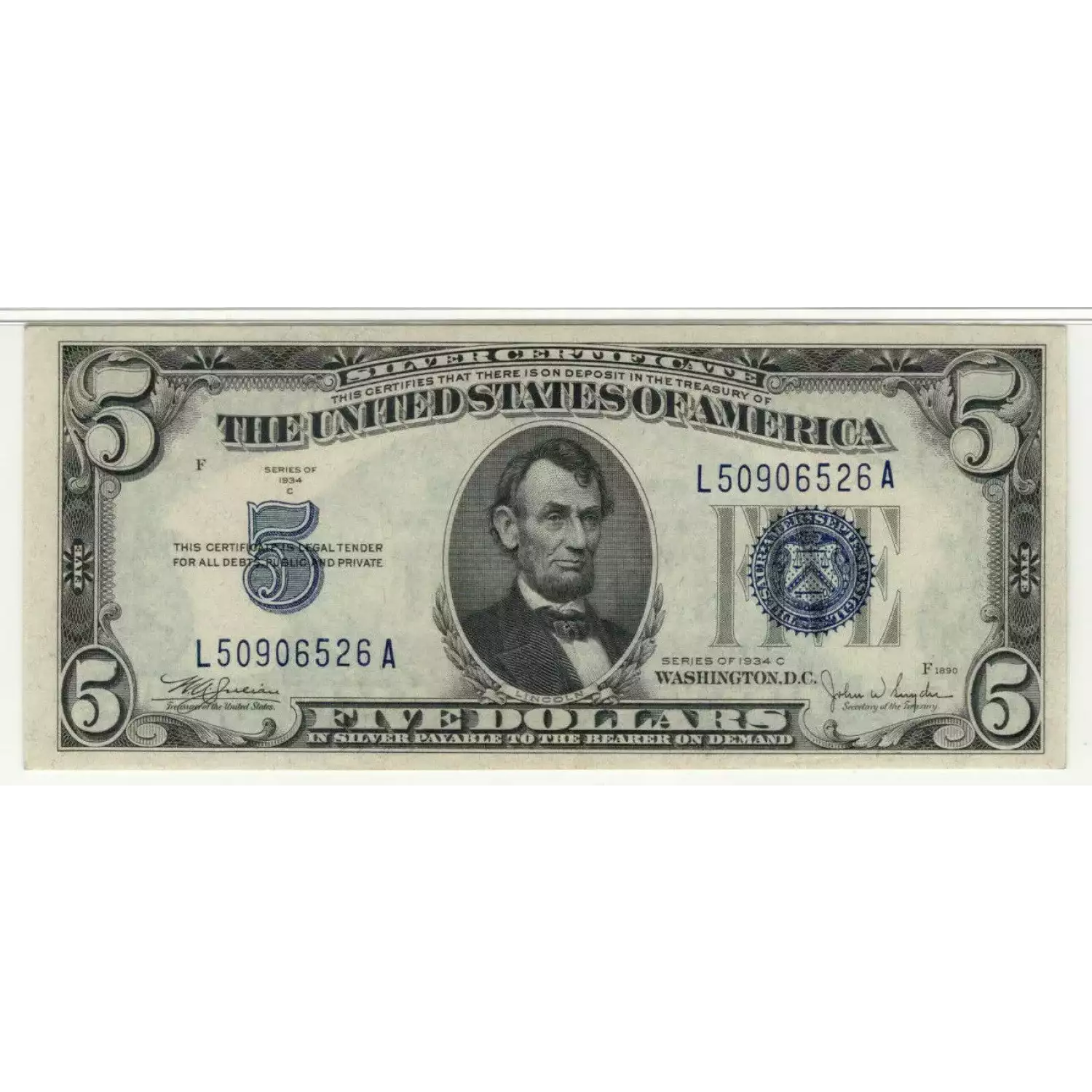$5 1934-C blue seal. Small Silver Certificates 1653 (3)