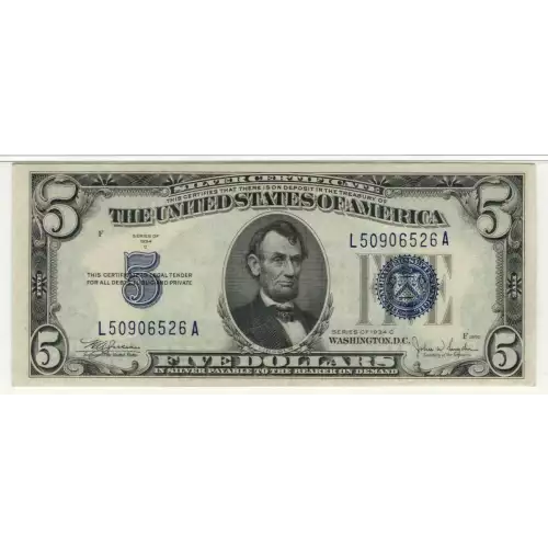 $5 1934-C blue seal. Small Silver Certificates 1653 (3)