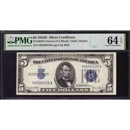 $5 1934-D blue seal. Small Silver Certificates 1654