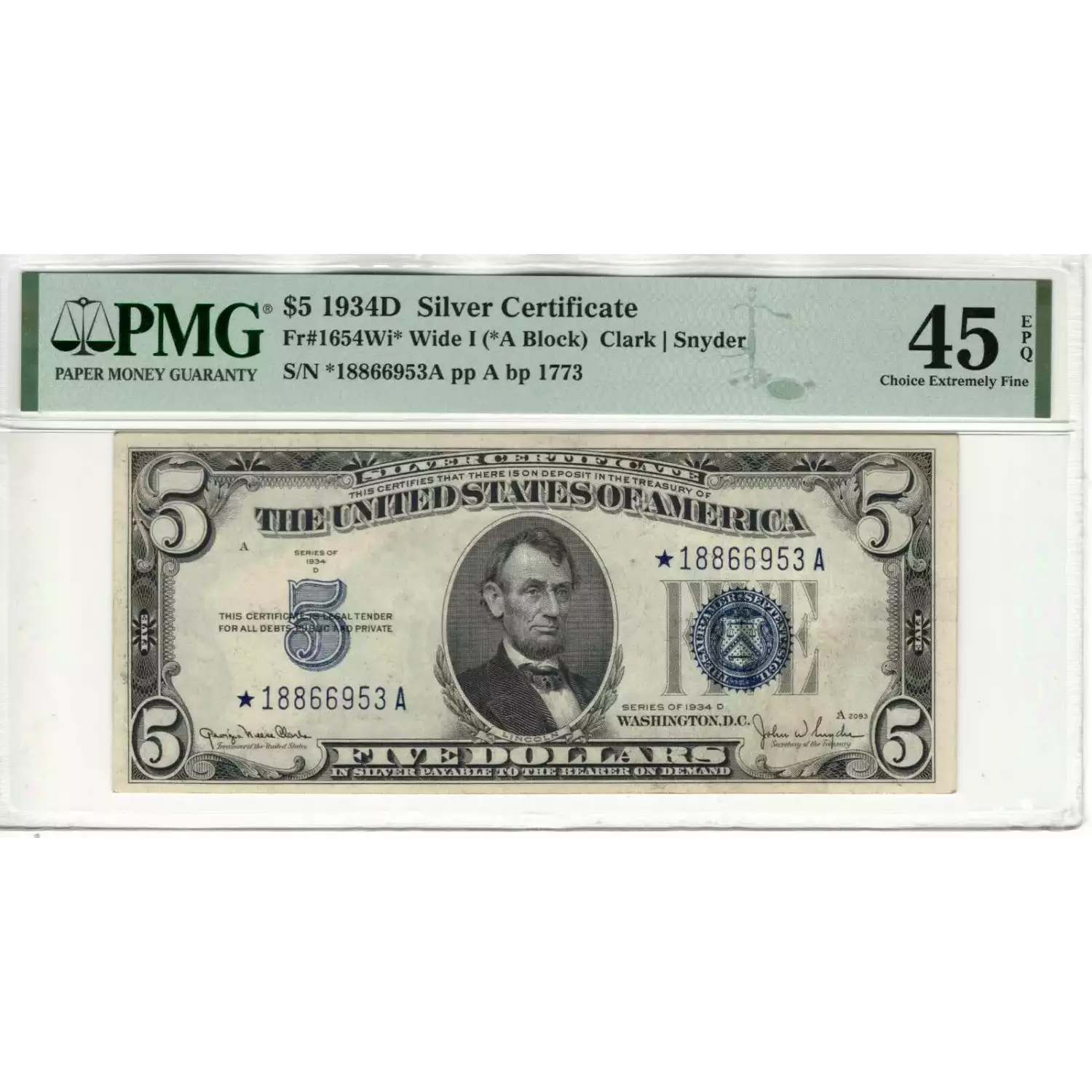 $5 1934-D blue seal. Small Silver Certificates 1654*