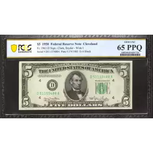 $5 1950 blue-Green seal. Small Size $5 Federal Reserve Notes 1961-D