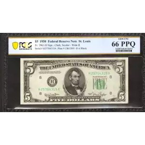 $5 1950 blue-Green seal. Small Size $5 Federal Reserve Notes 1961-H