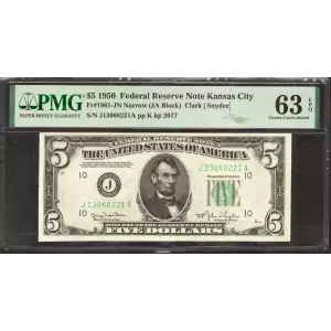 $5 1950 blue-Green seal. Small Size $5 Federal Reserve Notes 1961-J