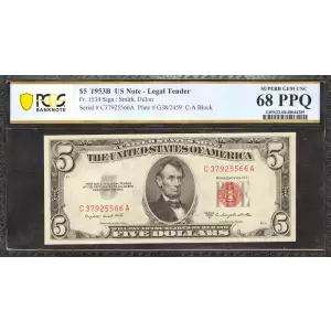 $5 1953-B red seal. Small Legal Tender Notes 1534