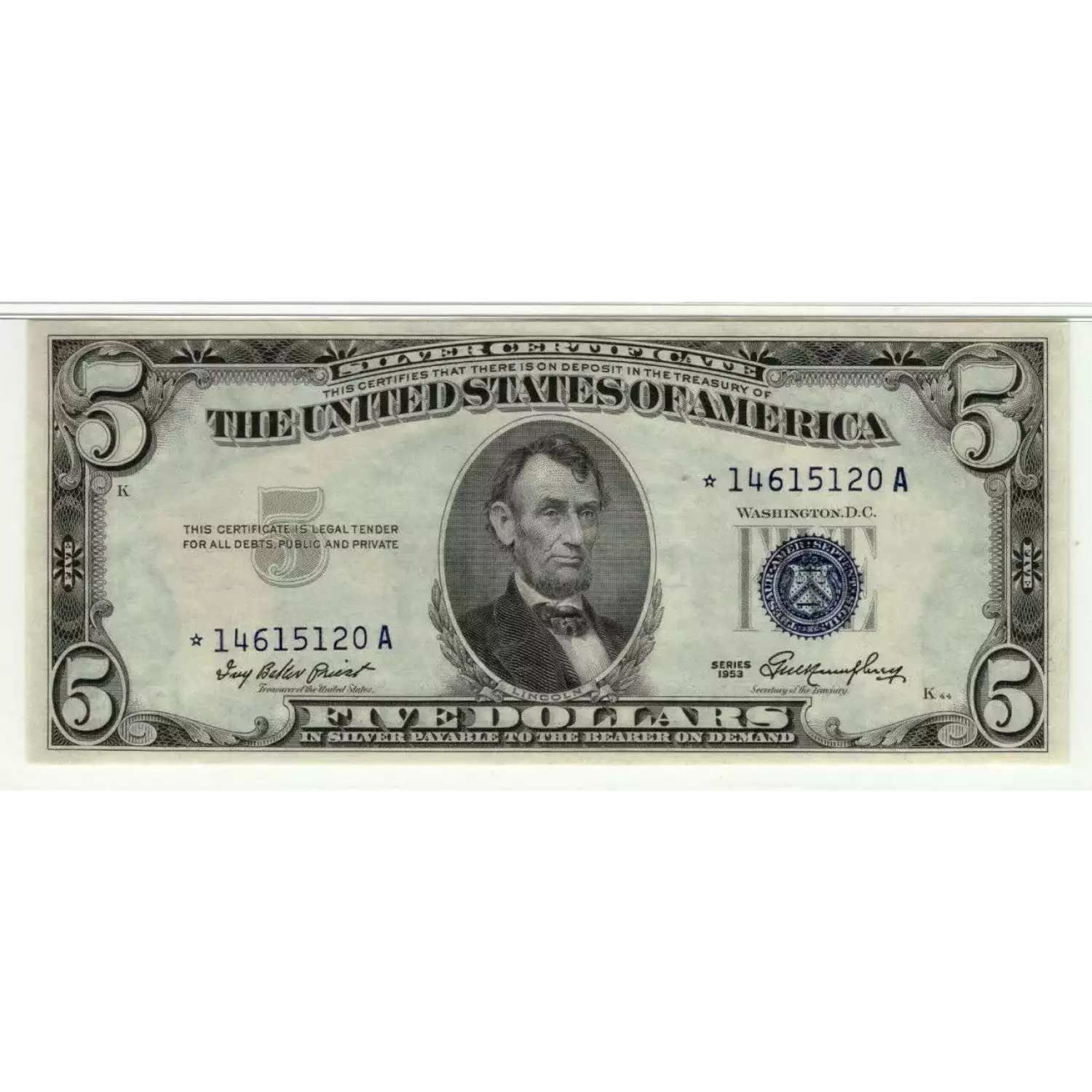 $5 1953 blue seal. Small Silver Certificates 1655* (3)