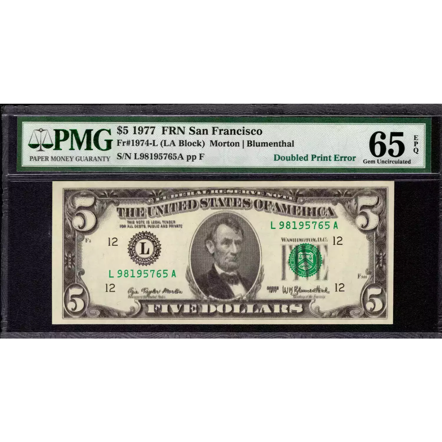 $5 1977  Small Size $5 Federal Reserve Notes 1974-L