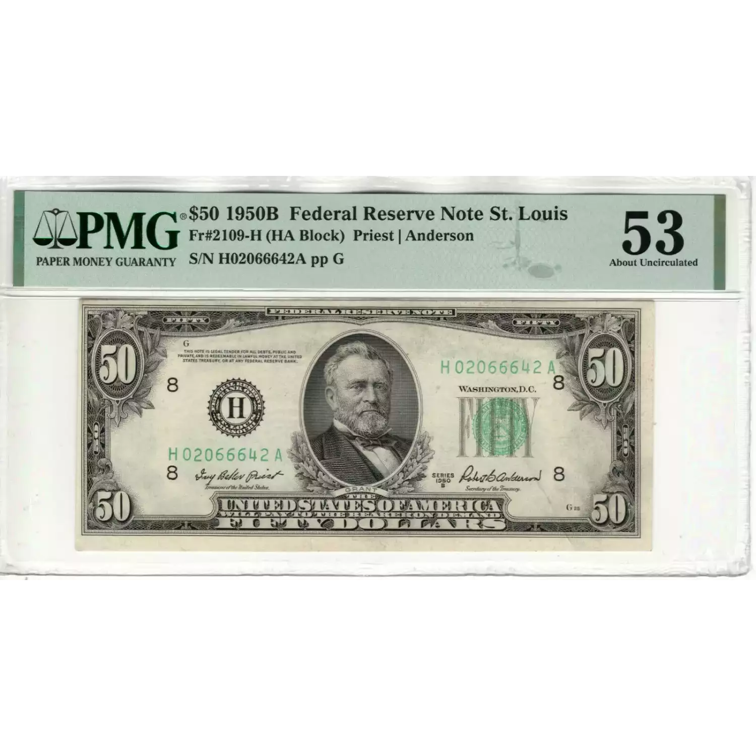 $50 1950-B. blue-Green seal. Small Size $50 Federal Reserve Notes 2109-H
