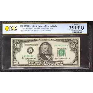 $50 1950-D. blue-Green seal. Small Size $50 Federal Reserve Notes 2111-F*