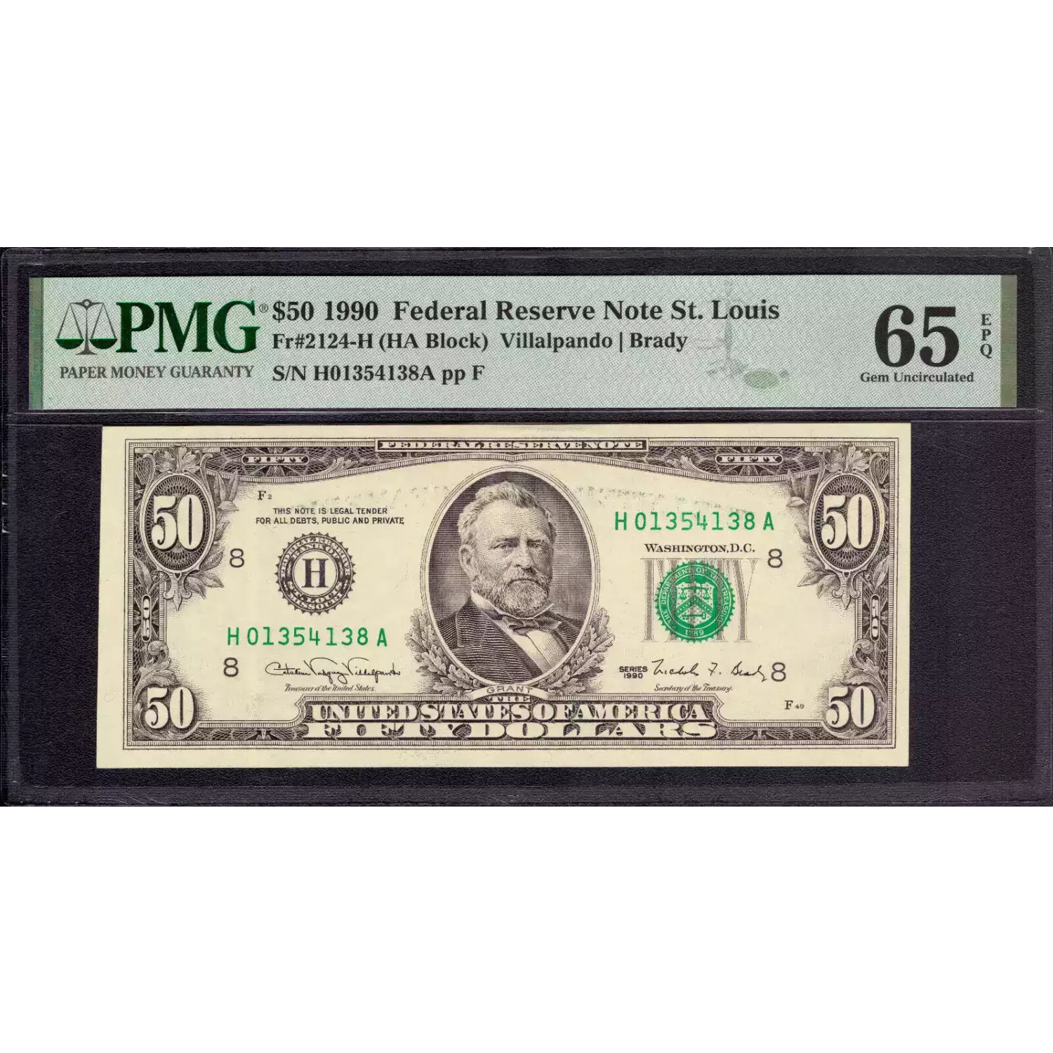 $50 1990 blue-Green seal. Small Size $50 Federal Reserve Notes 2124-H
