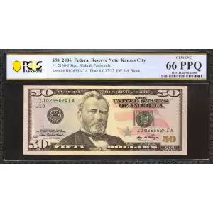 $50 2006 blue-Green seal. Small Size $50 Federal Reserve Notes 2130-J