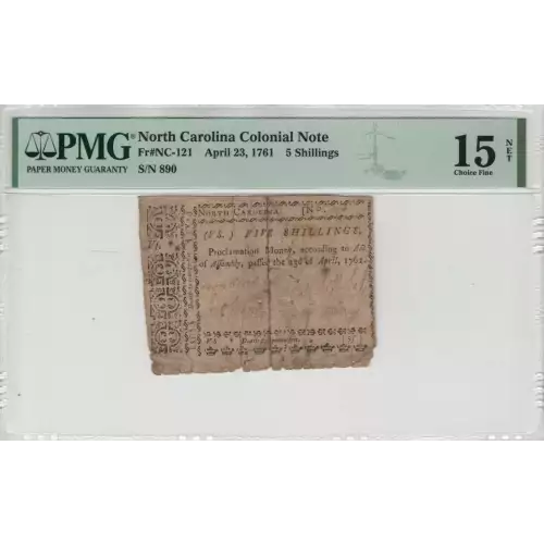 5s April 23, 1761  COLONIAL CURRENCY NC-121